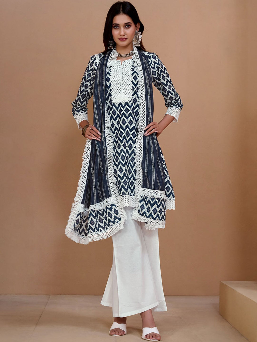 Sangria Navy Blue & White Geometric Printed Pure Cotton Kurta With Palazzos & Dupatta