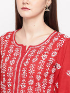 ADA Women Red & White Chikankari Hand Embroidered Straight Sustainable Kurta