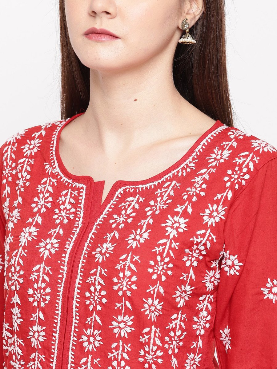 ADA Women Red & White Chikankari Hand Embroidered Straight Sustainable Kurta