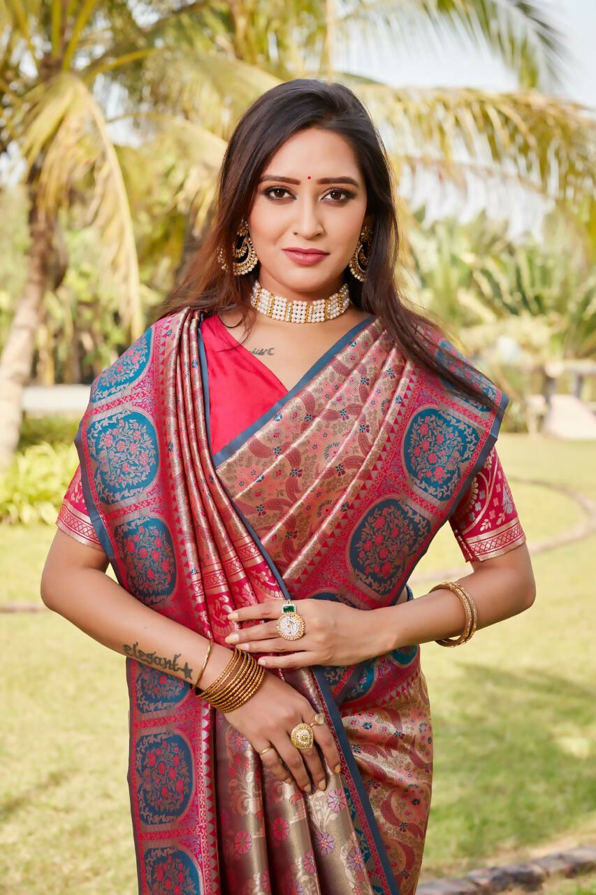 Vastranavya Boutique Collection Kanjivaram Soft Silk Saree With Unstitched Blouse - Coral