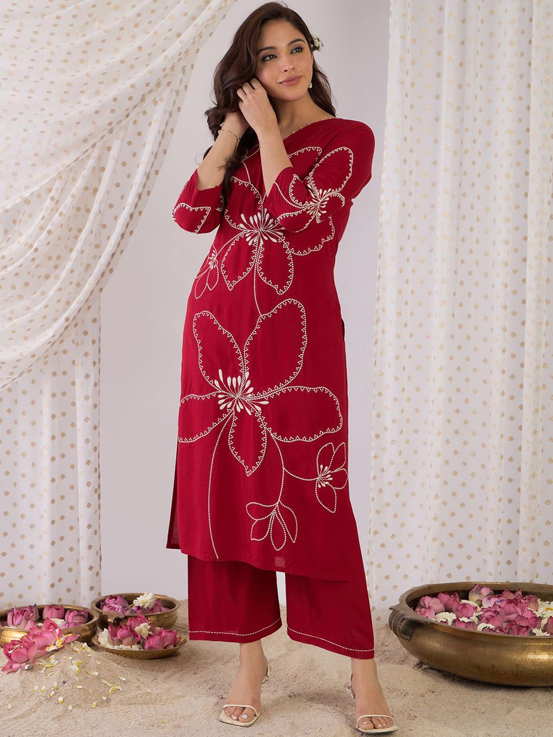 Indo Era Floral Embroidered Beads And Stones Straight Kurta With Palazzos