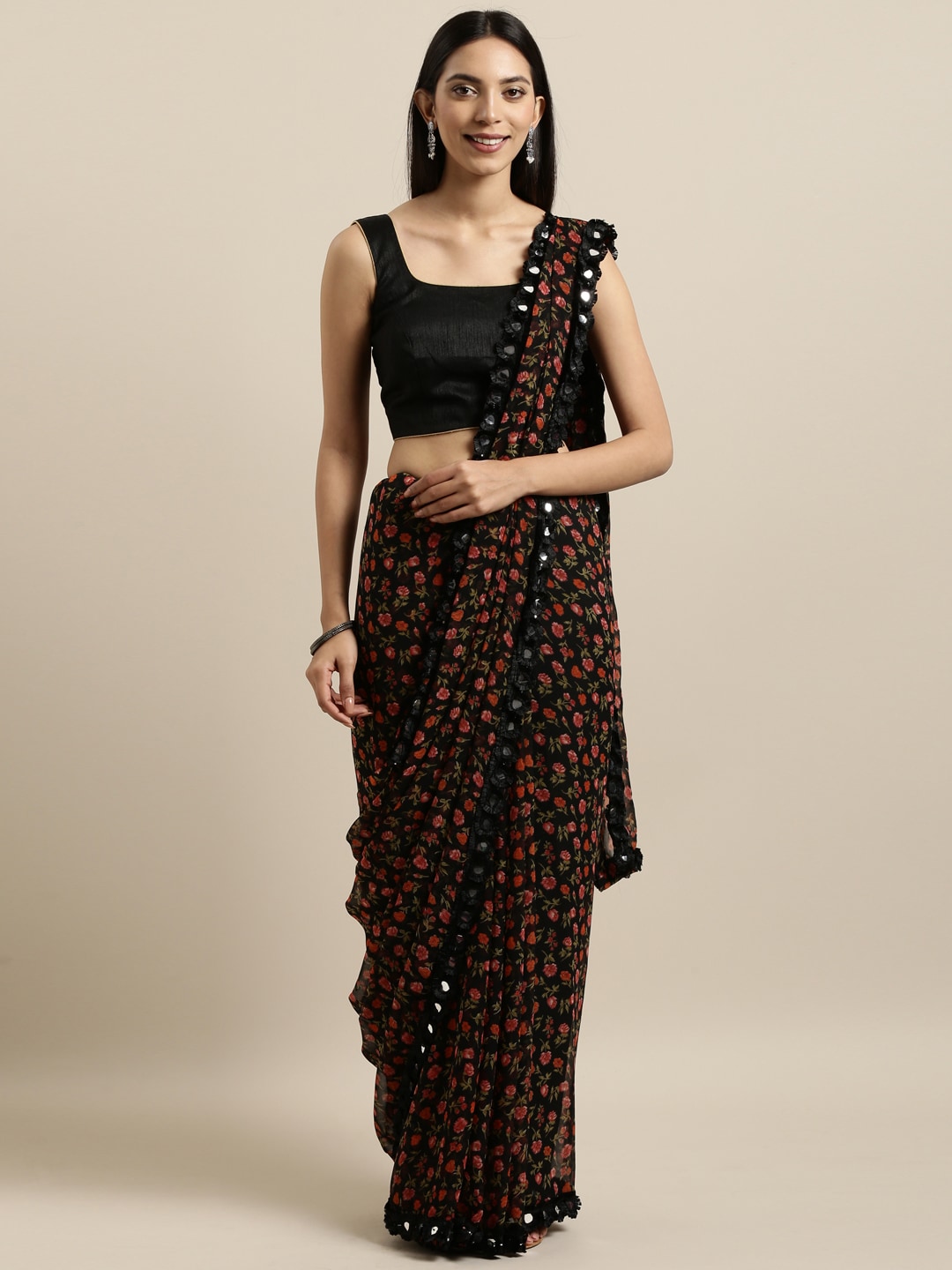 Tikhi Imli Black & Red Poly Georgette Printed Saree - Distacart
