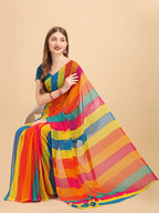Sangria Yellow & Turquoise Blue Colourblocked Pure Chiffon Saree - Distacart