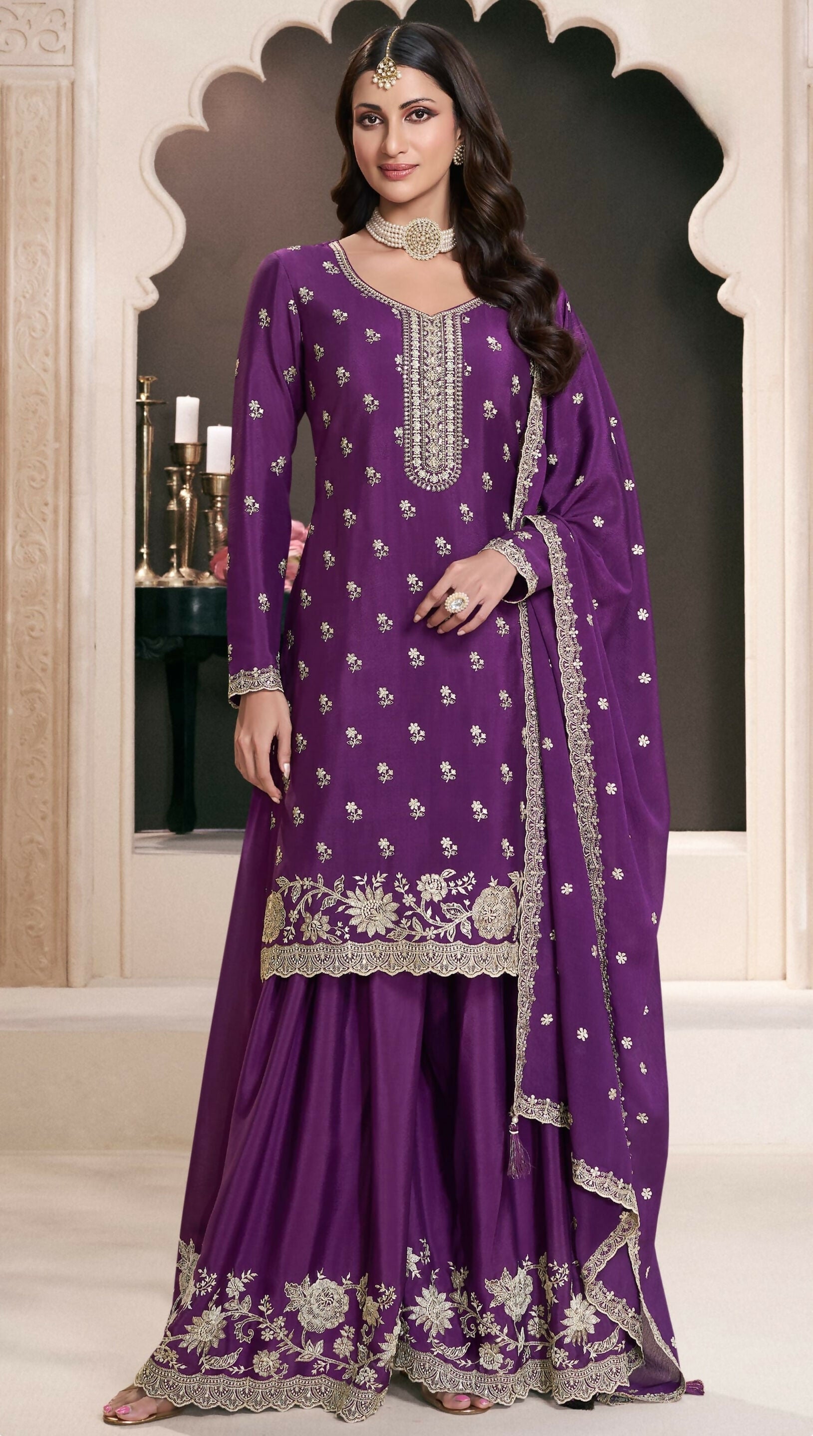 Anaita Purple Chinon Embroidered Thread Work Stitched Salwar Suit - Distacart