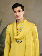 Vastranavya Yellow Exclusive Viscose Silk Festival Wear Real Mirror Work Kurta with Dupatta