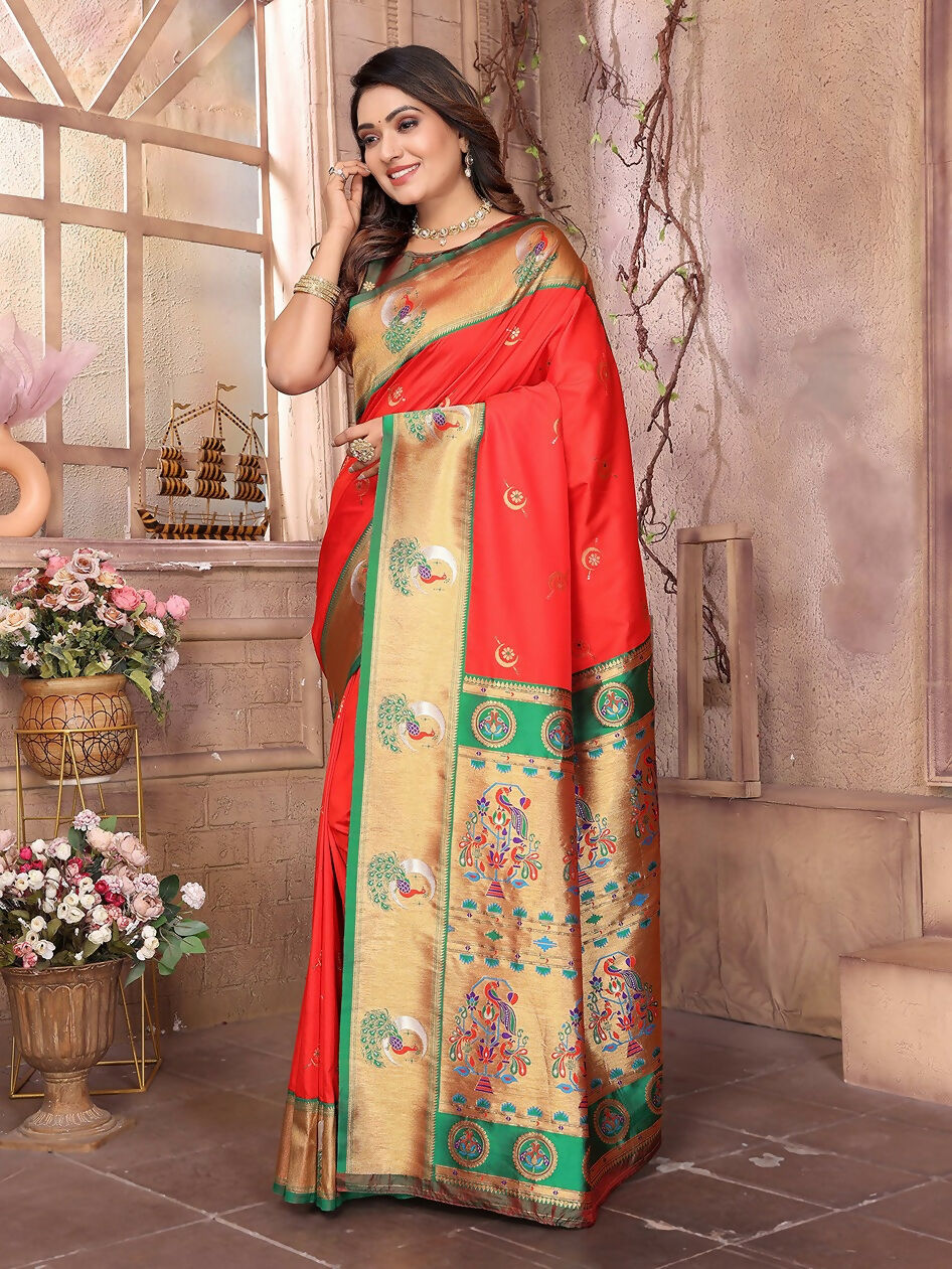 Joban Fashion Paithani Red Woven Soft Silk Saree - Distacart