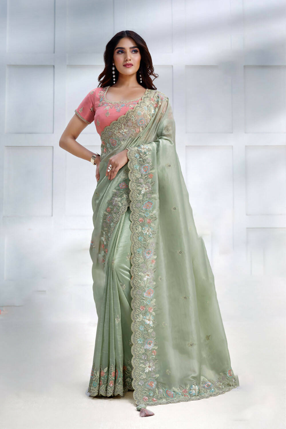 Green Banarasi Crush silk Sequence Embroidered with Stone work Saree - Mohmanthan Majestica