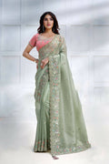 Green Banarasi Crush silk Sequence Embroidered with Stone work Saree - Mohmanthan Majestica