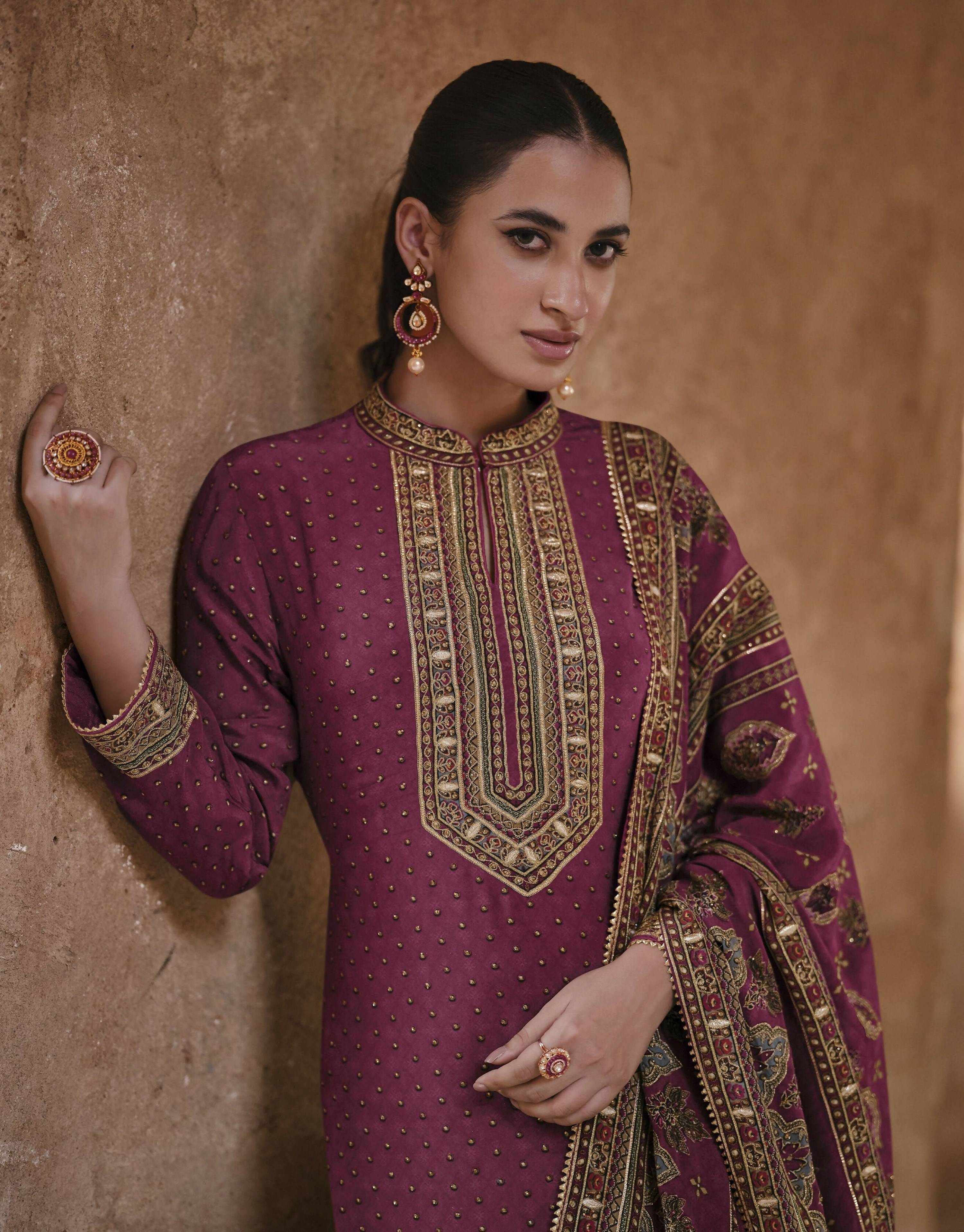 Anaita Purple Silk Readymade Palazzo Suit with Swarovski Work - Distacart