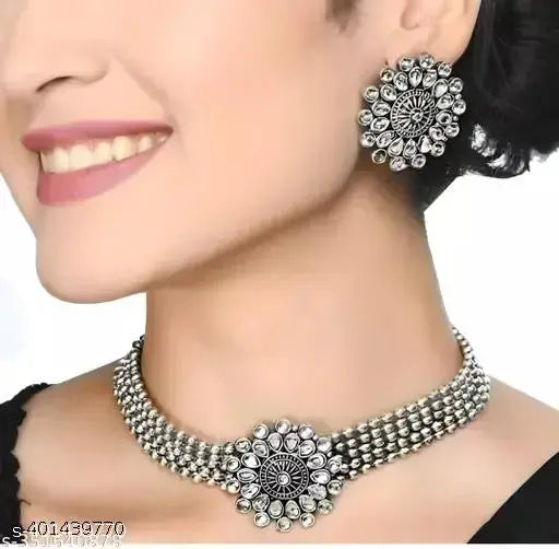 Tehzeeb Creations Women's Silver Plated Necklace Set With Stone
