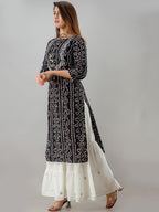 HERE&NOW Black Tie Up Neck Bandhani Printed Gotta Patti Kurta