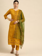 Sangria Women Mustard Yellow & Green Ethnic Motifs Embroidered Cotton Kurta Set
