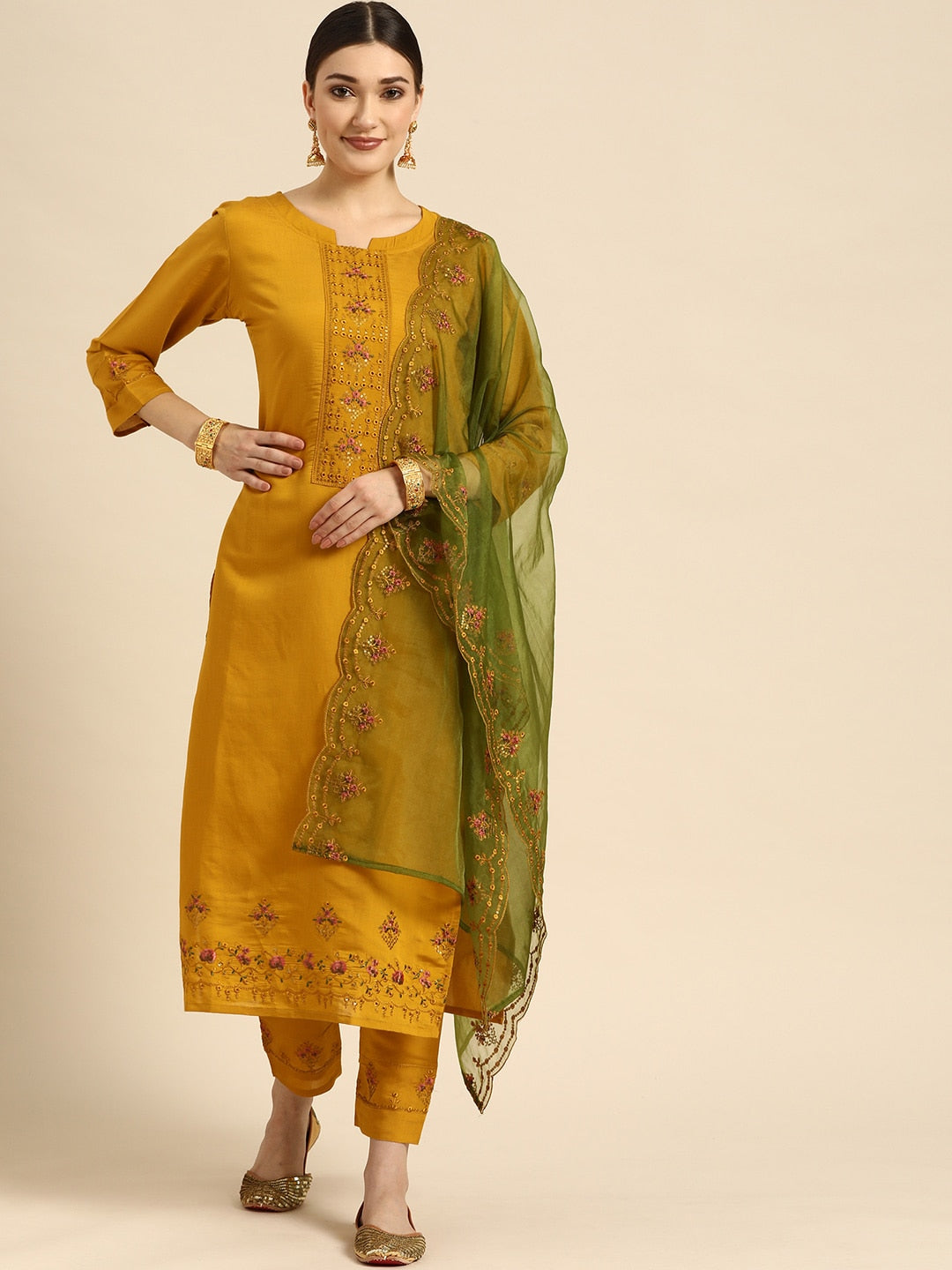 Sangria Women Mustard Yellow & Green Ethnic Motifs Embroidered Cotton Kurta Set