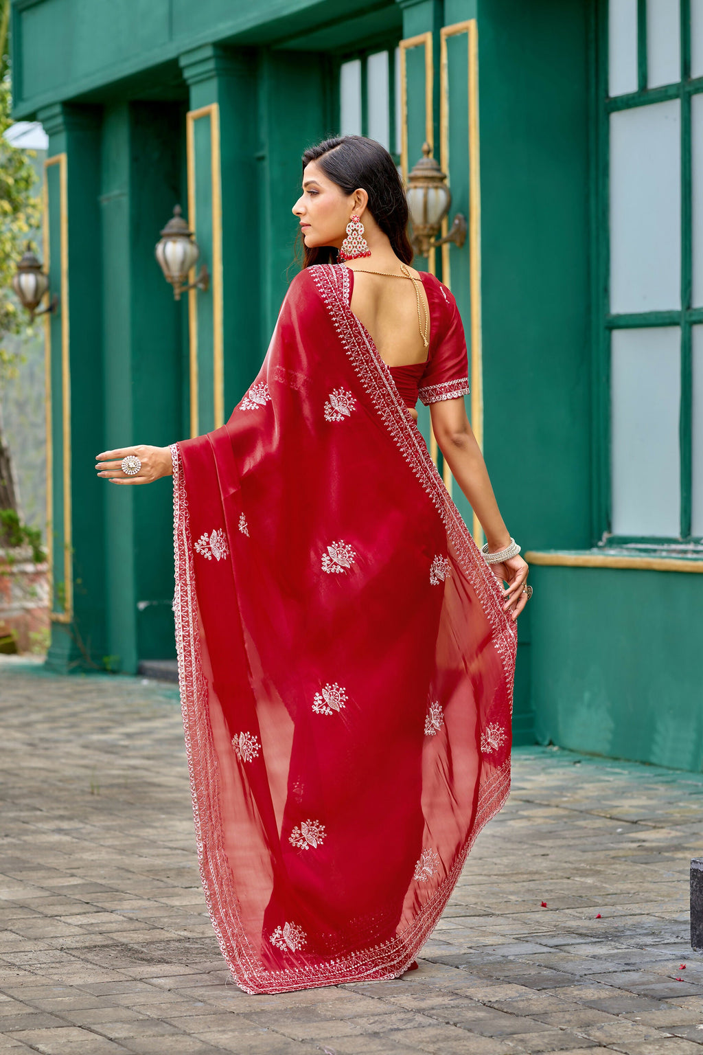 Vastranavya Red Embroidery Work Shimmer Chiffon Saree with Unstitched Blouse - Distacart