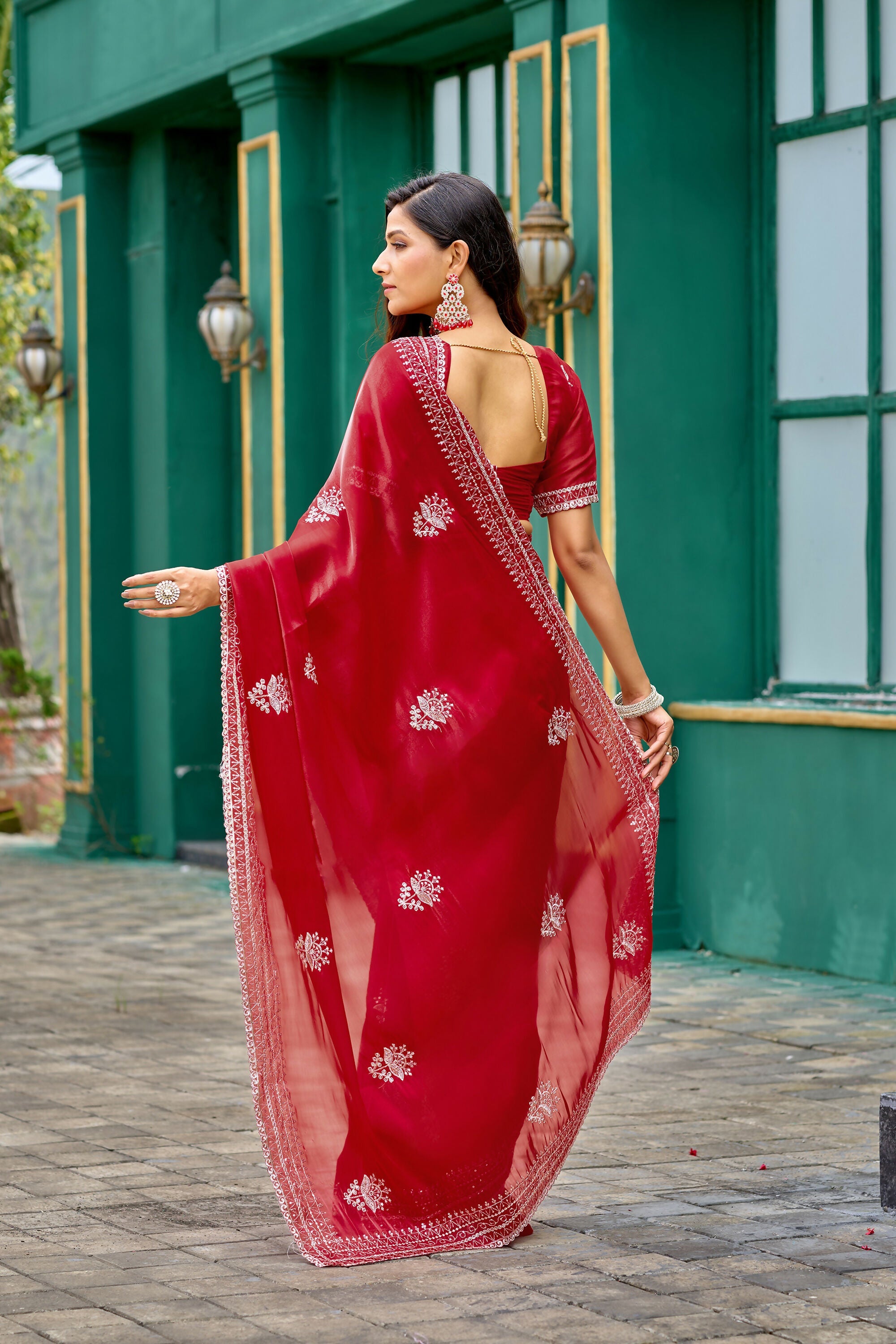 Vastranavya Red Embroidery Work Shimmer Chiffon Saree with Unstitched Blouse - Distacart