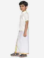 Sethukrishna Boys Cream-Coloured & Gold-Toned Pure Cotton Shirt with Dhoti