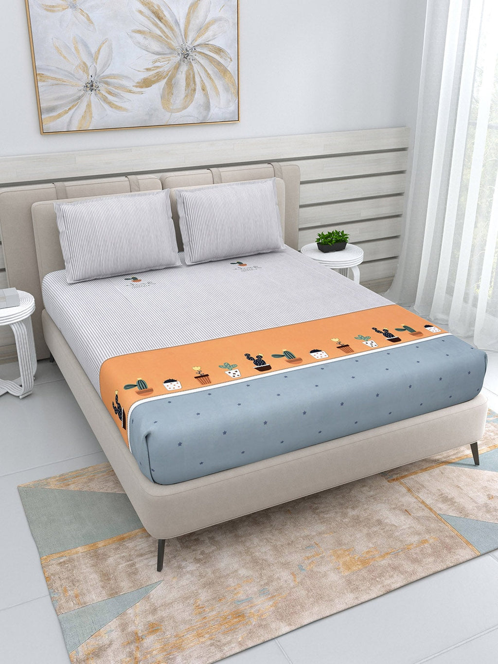 DREAM WEAVERZ White & Peach-Coloured Striped Glazed Cotton 220 TC King Bedsheet with 2 Pillow Covers