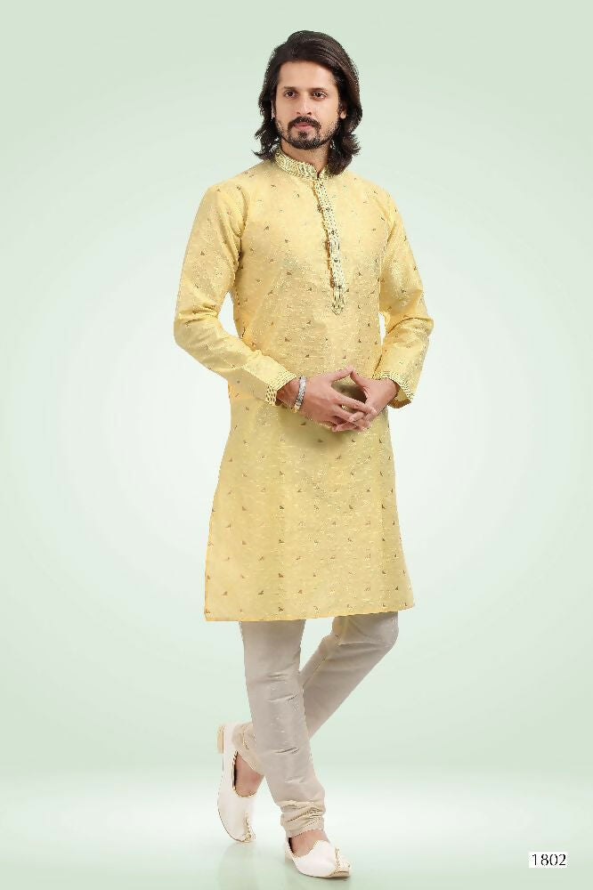Raivat Ethnic Jacquard Banarasi Silk Pintux Work Kurta Pajama In Yellow Colour
