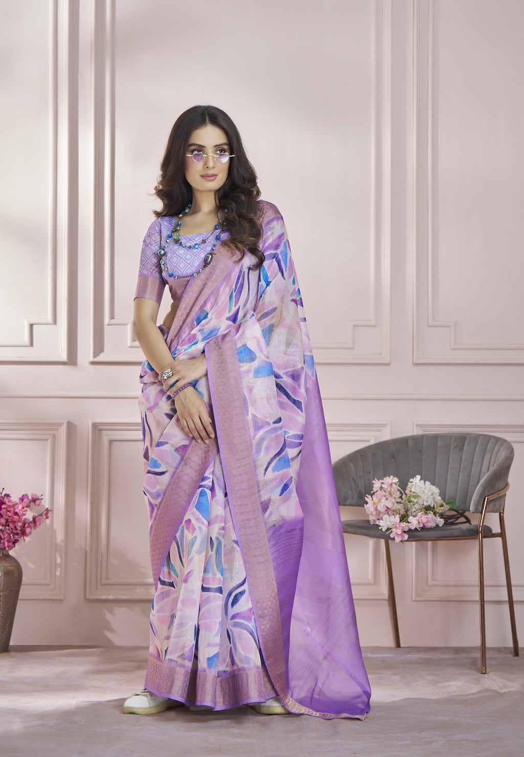 Anaita Lavender Printed Pure Modal Silk Saree With Blouse - Distacart