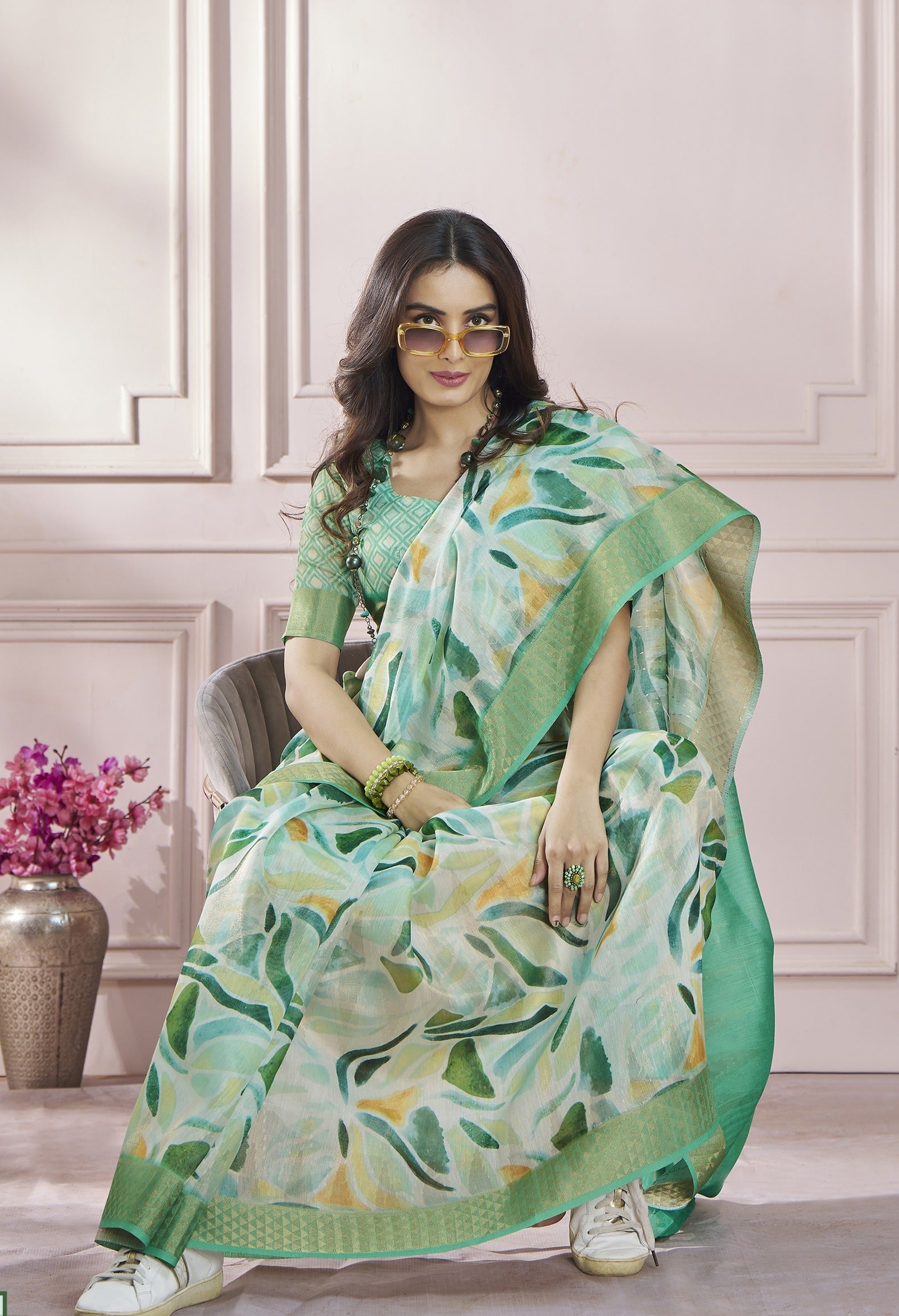 Anaita Light Green Printed Pure Modal Silk Saree With Blouse - Distacart