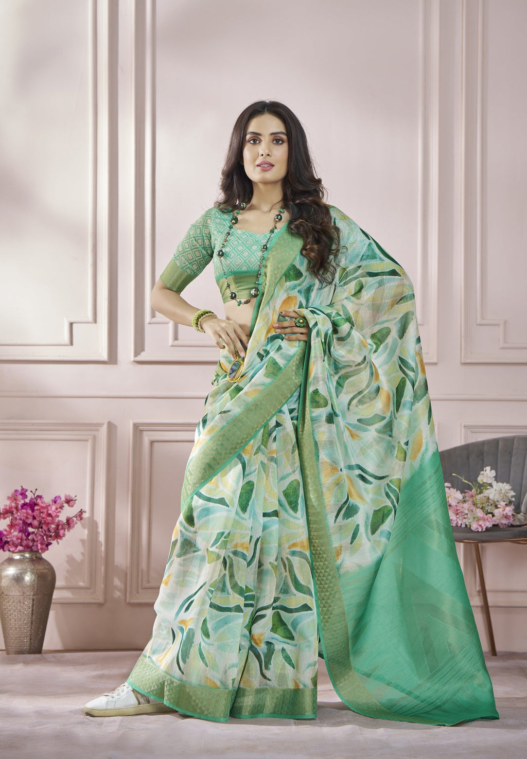 Anaita Light Green Printed Pure Modal Silk Saree With Blouse - Distacart