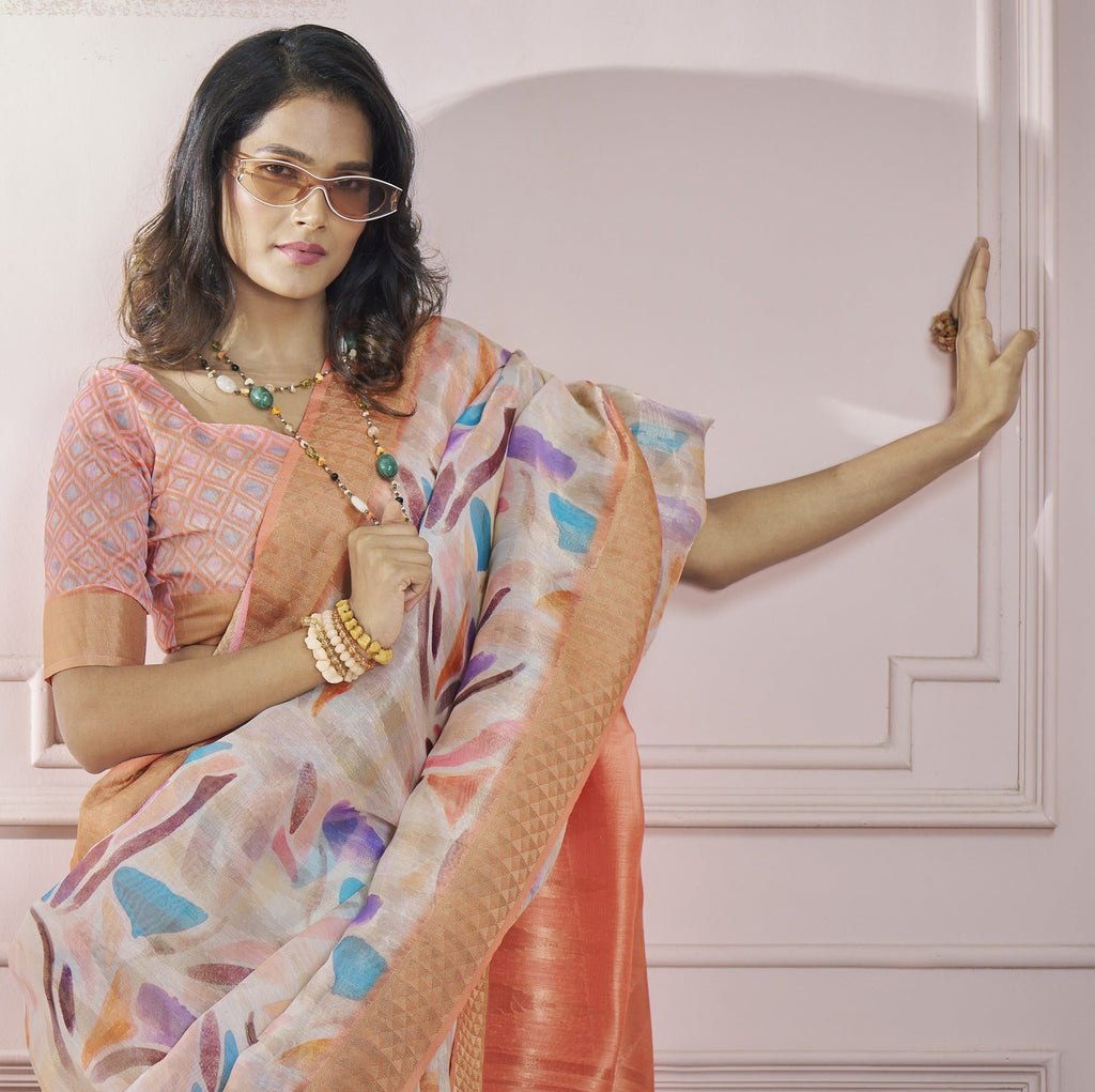 Anaita Peach Printed Pure Modal Silk Saree With Blouse - Distacart