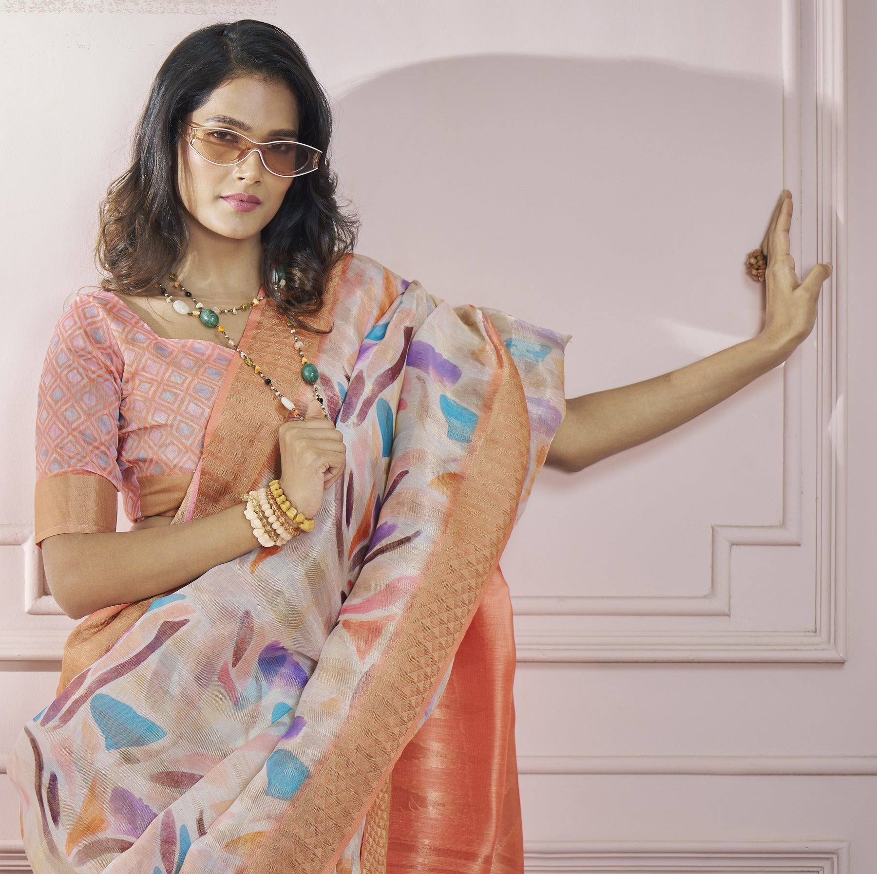 Anaita Peach Printed Pure Modal Silk Saree With Blouse - Distacart