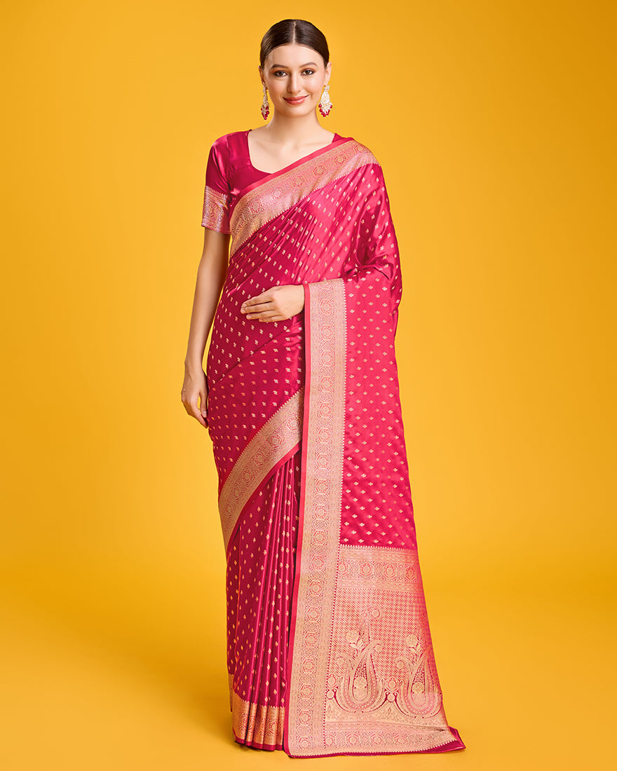 Monjolika Fashion Hot Pink Color Banarasi Satin Rich Brocade Embellishments Zari Woven Work Silk Saree