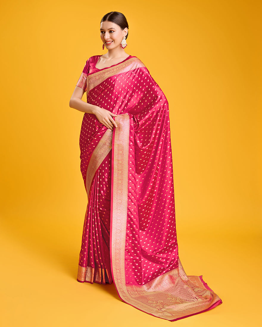 Monjolika Fashion Hot Pink Color Banarasi Satin Rich Brocade Embellishments Zari Woven Work Silk Saree