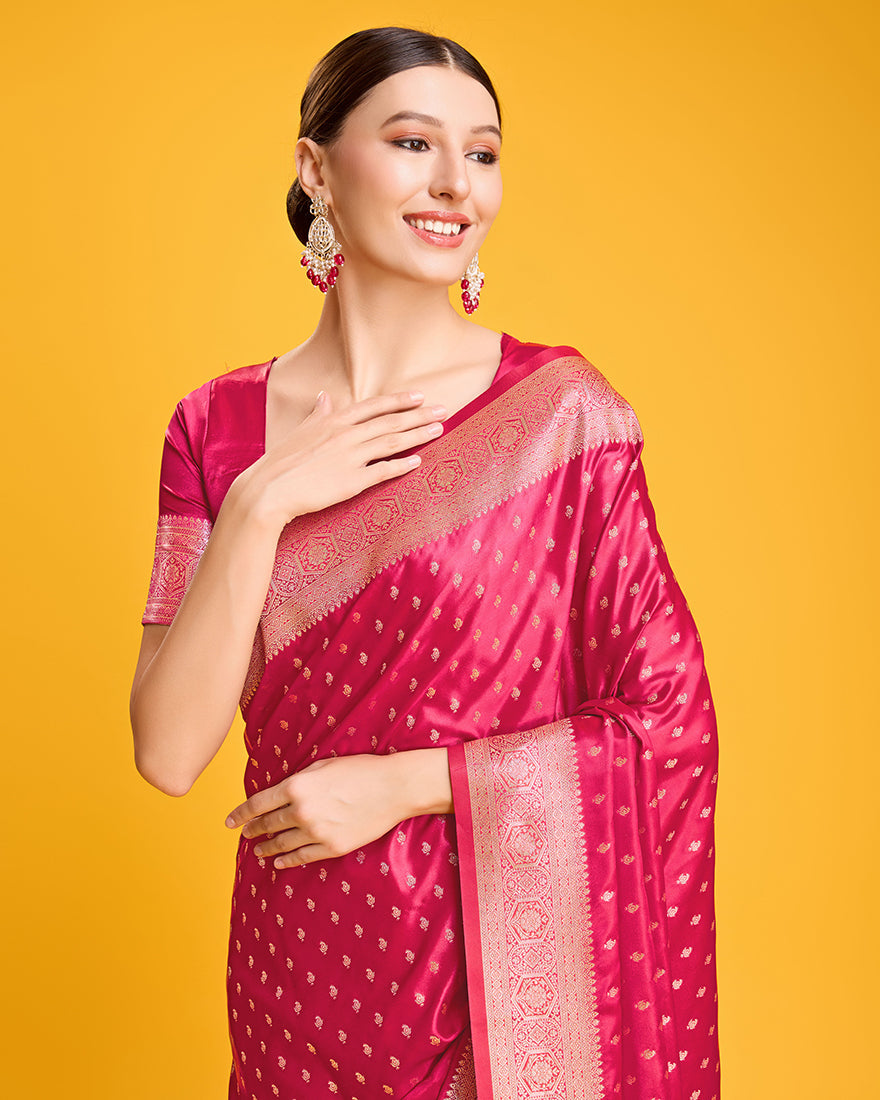 Monjolika Fashion Hot Pink Color Banarasi Satin Rich Brocade Embellishments Zari Woven Work Silk Saree
