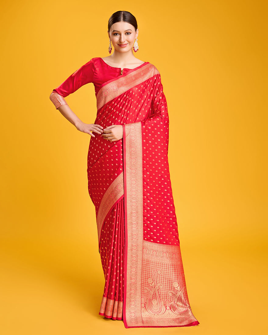 Monjolika Fashion Red Color Banarasi Satin Rich Brocade Embellishments Zari Woven Work Silk Saree