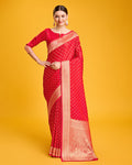 Monjolika Fashion Red Color Banarasi Satin Rich Brocade Embellishments Zari Woven Work Silk Saree