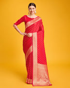 Monjolika Fashion Red Color Banarasi Satin Rich Brocade Embellishments Zari Woven Work Silk Saree