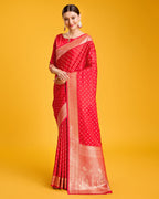 Monjolika Fashion Red Color Banarasi Satin Rich Brocade Embellishments Zari Woven Work Silk Saree