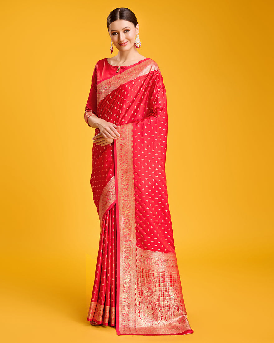 Monjolika Fashion Red Color Banarasi Satin Rich Brocade Embellishments Zari Woven Work Silk Saree