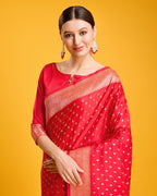 Monjolika Fashion Red Color Banarasi Satin Rich Brocade Embellishments Zari Woven Work Silk Saree