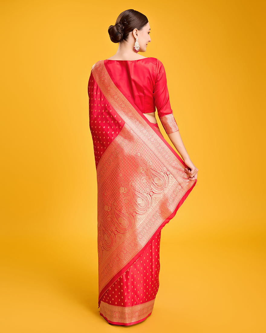 Monjolika Fashion Red Color Banarasi Satin Rich Brocade Embellishments Zari Woven Work Silk Saree