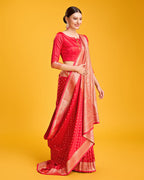 Monjolika Fashion Red Color Banarasi Satin Rich Brocade Embellishments Zari Woven Work Silk Saree