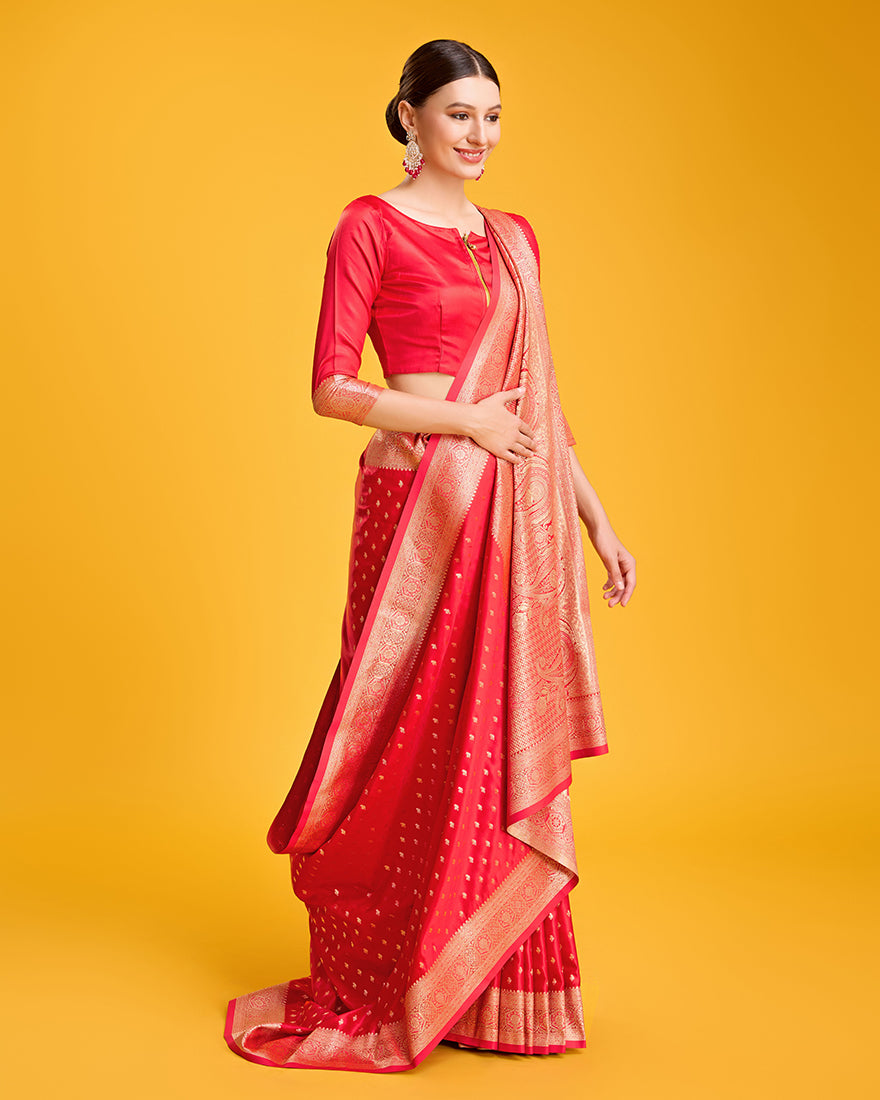 Monjolika Fashion Red Color Banarasi Satin Rich Brocade Embellishments Zari Woven Work Silk Saree