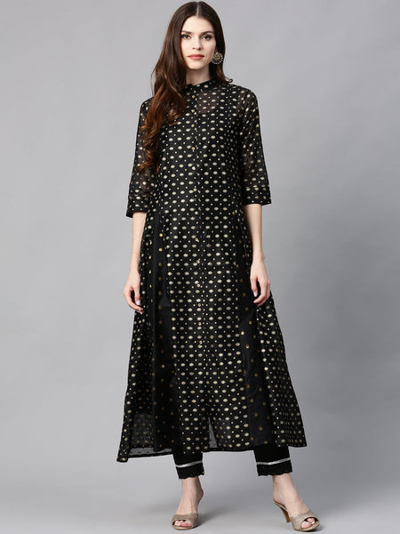 Juniper Womens Black Chanderi Foil Print Kurta