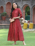 Juniper Women's Maroon Chanderi Silk Printed Anarkali Kurta - Distacart
