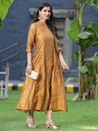 Juniper Women's Mustard Chanderi Silk Printed Anarkali Kurta - Distacart