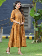 Juniper Women's Mustard Chanderi Silk Printed Anarkali Kurta - Distacart