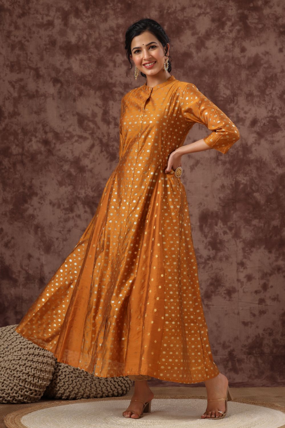 Juniper Womens Mustard Chanderi Foil Print Kurta - Distacart