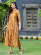 Juniper Women's Mustard Chanderi Silk Printed Anarkali Kurta - Distacart