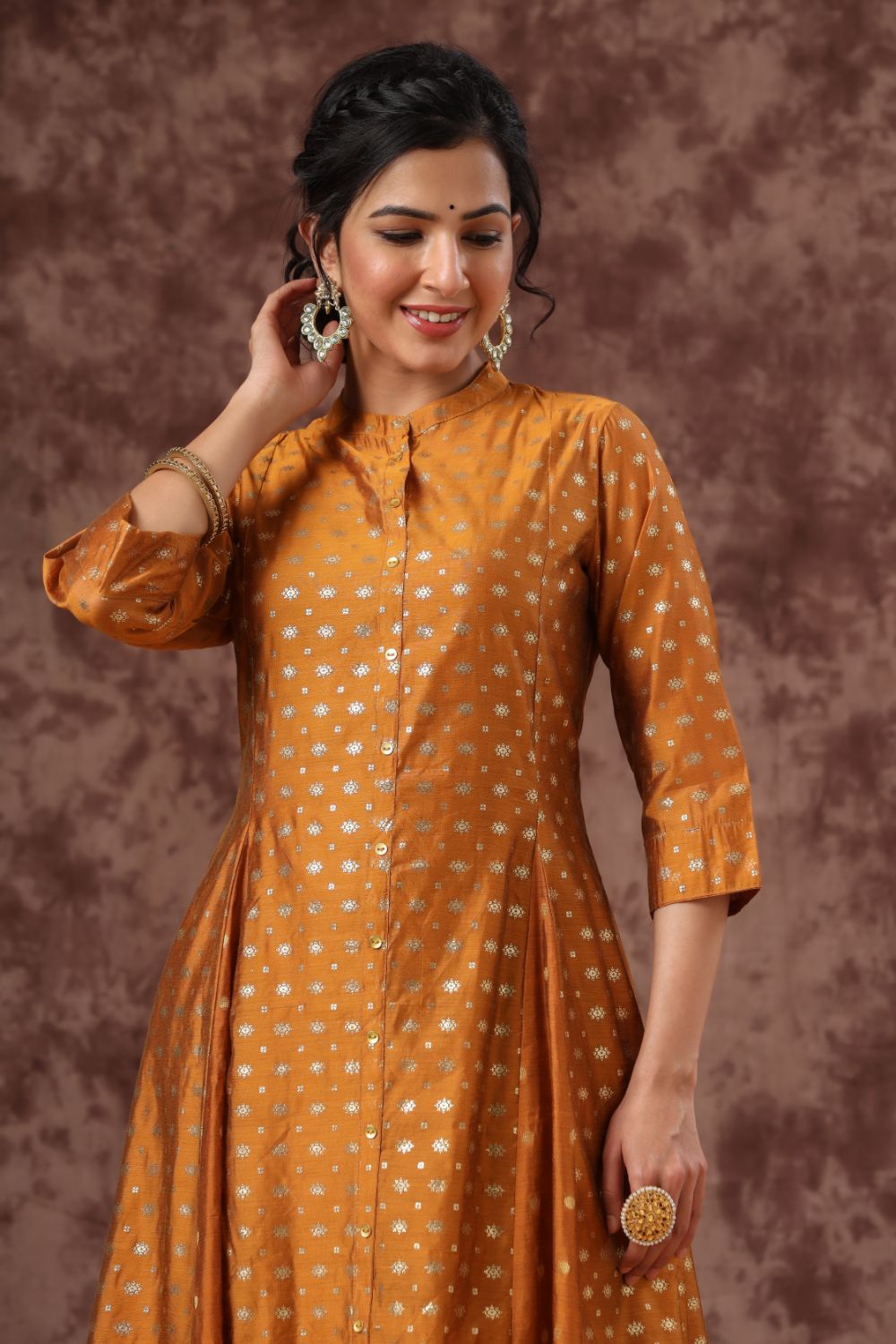 Juniper Womens Mustard Chanderi Foil Print Kurta - Distacart