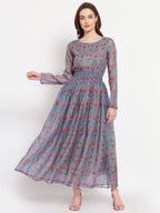 Myshka Women's Multi Printed Organza Full Sleeve Round Neck Casual Maxi Dress