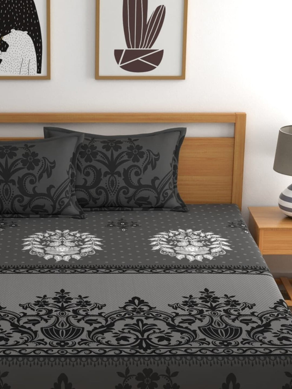 Dreamscape Grey & Black Ethnic Motifs 144 TC Bedsheet with Pillow Covers - Distacart