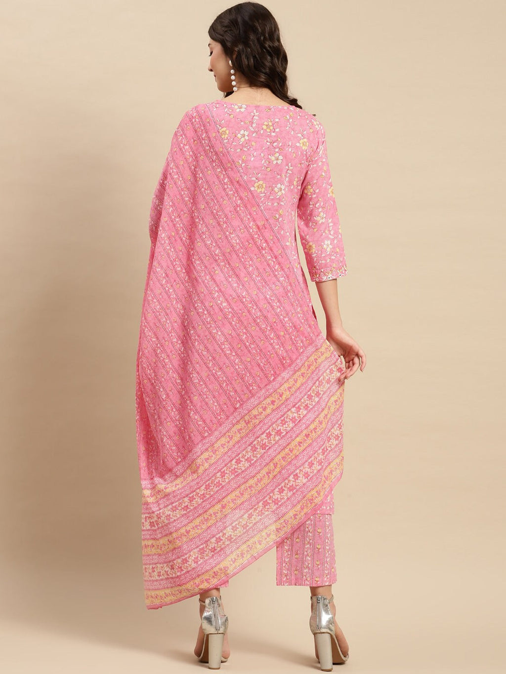 Sangria Floral Printed Pure-Cotton Straight Kurta With Trouser & Dupatta