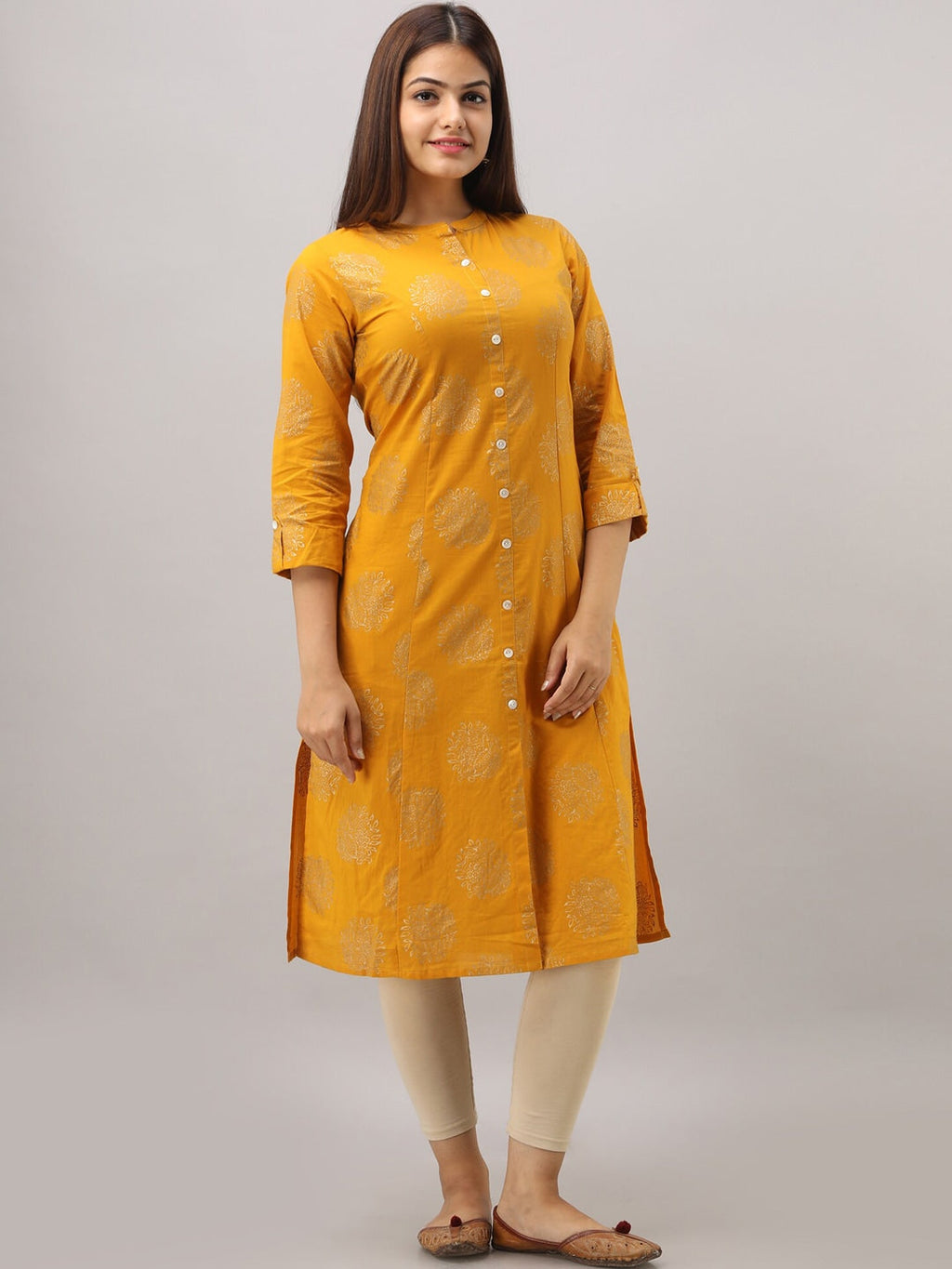 HERE&NOW Mustard Yellow Ethnic Motifs Printed A-Line Kurta